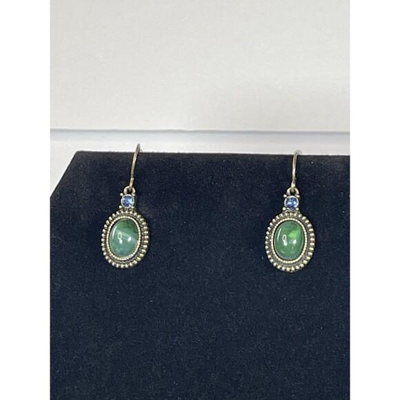 Avon NRT, Necklace & Earring Set Brass Tone, Blue Rhinestone & Green Cabochon - Picture 4 of 16